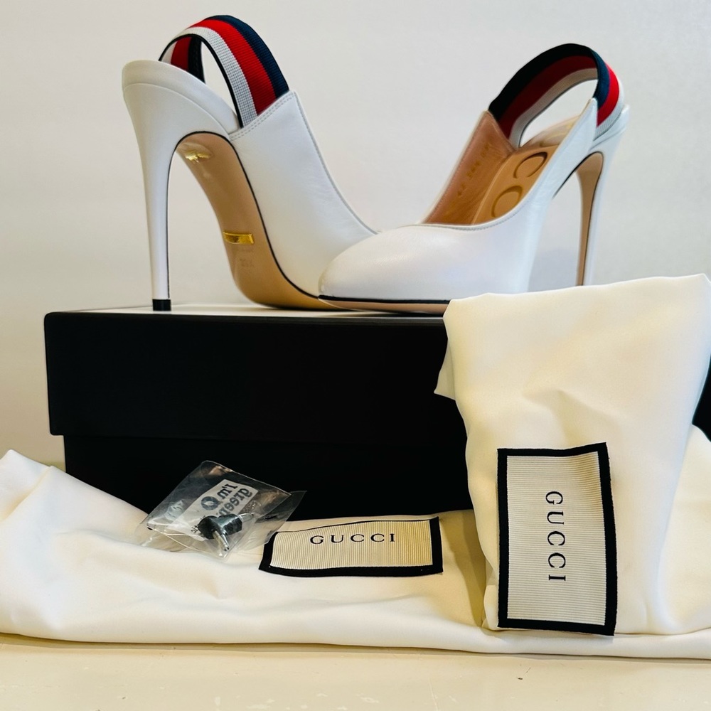Gucci Sylvie Leather Slingback Pumps with Bee in White 36.5 - Picture 11 of 16
